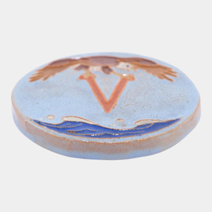 Mueller Mosaic Company Art Deco Pottery Blue Victory Eagle Ceramic Round Tile