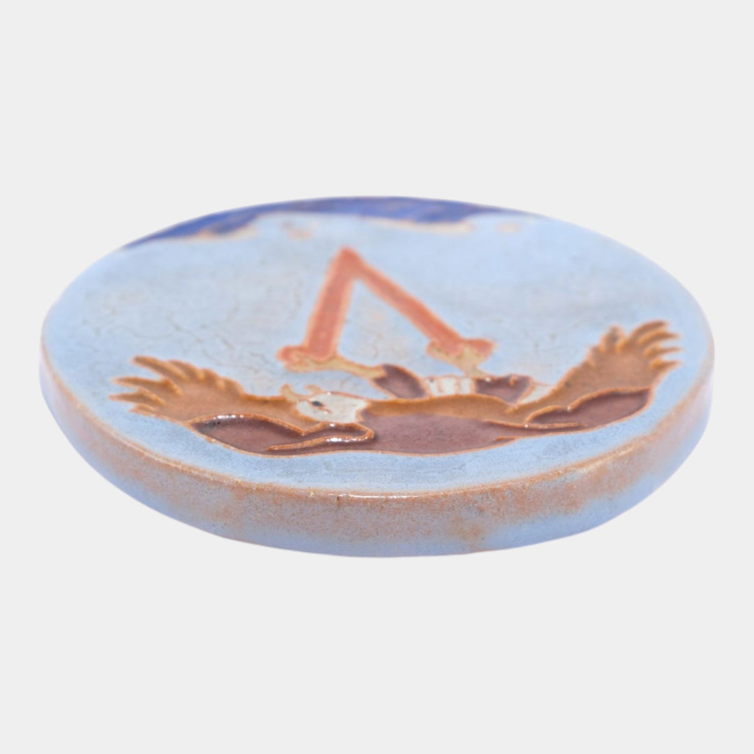 Mueller Mosaic Company Art Deco Pottery Blue Victory Eagle Ceramic Round Tile