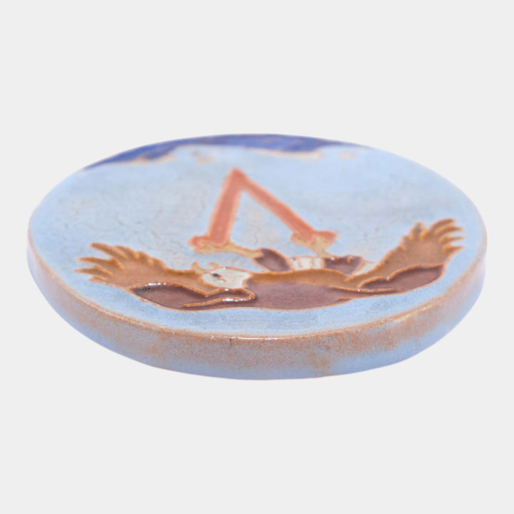 Mueller Mosaic Company Art Deco Pottery Blue Victory Eagle Ceramic Round Tile