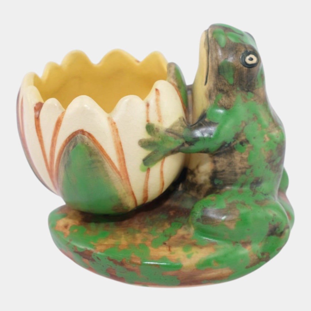 Weller Coppertone 1920s Arts and Crafts Pottery Frog On Lily Pad Ceramic Planter - Just Art Pottery