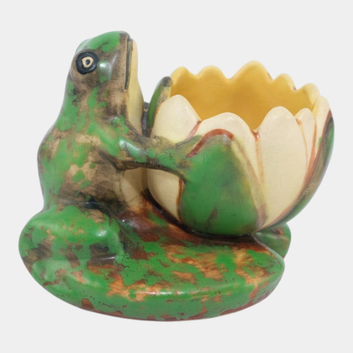 Weller Coppertone 1920s Arts and Crafts Pottery Frog On Lily Pad Ceramic Planter - Just Art Pottery