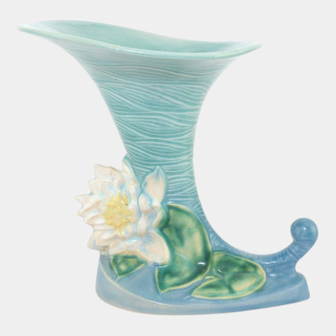 Roseville Water Lily Blue 1943 Mid Century Modern Ceramic Cornucopia 178-8 - Just Art Pottery