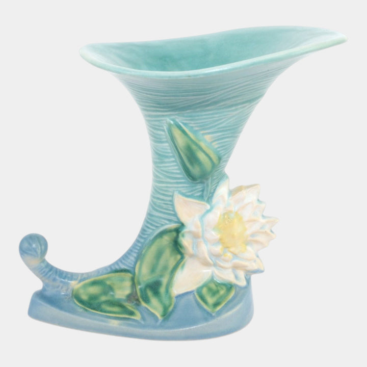 Roseville Water Lily Blue 1943 Mid Century Modern Ceramic Cornucopia 178-8 - Just Art Pottery