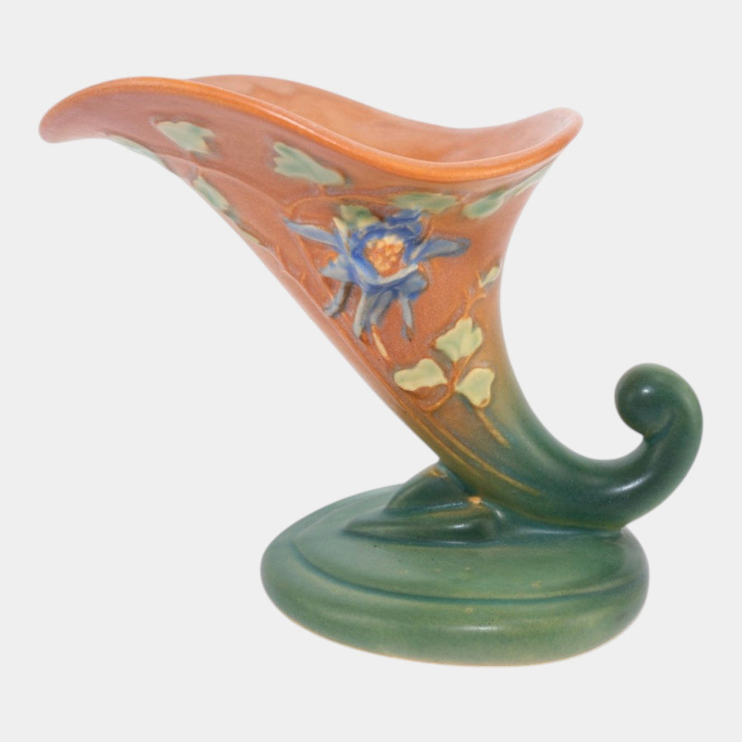 Roseville Columbine Brown Green 1941 Mid Century Modern Ceramic Cornucopia 149-6 - Just Art Pottery