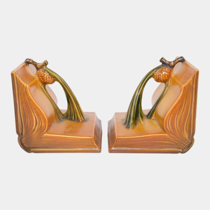 Roseville Pine Cone Brown 1936 Vintage Art Pottery Ceramic Bookends 1-4 - Just Art Pottery