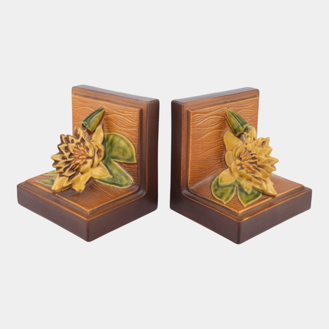 Roseville Water Lily Brown 1943 Mid Century Modern Pottery Ceramic Bookends 12 - Just Art Pottery