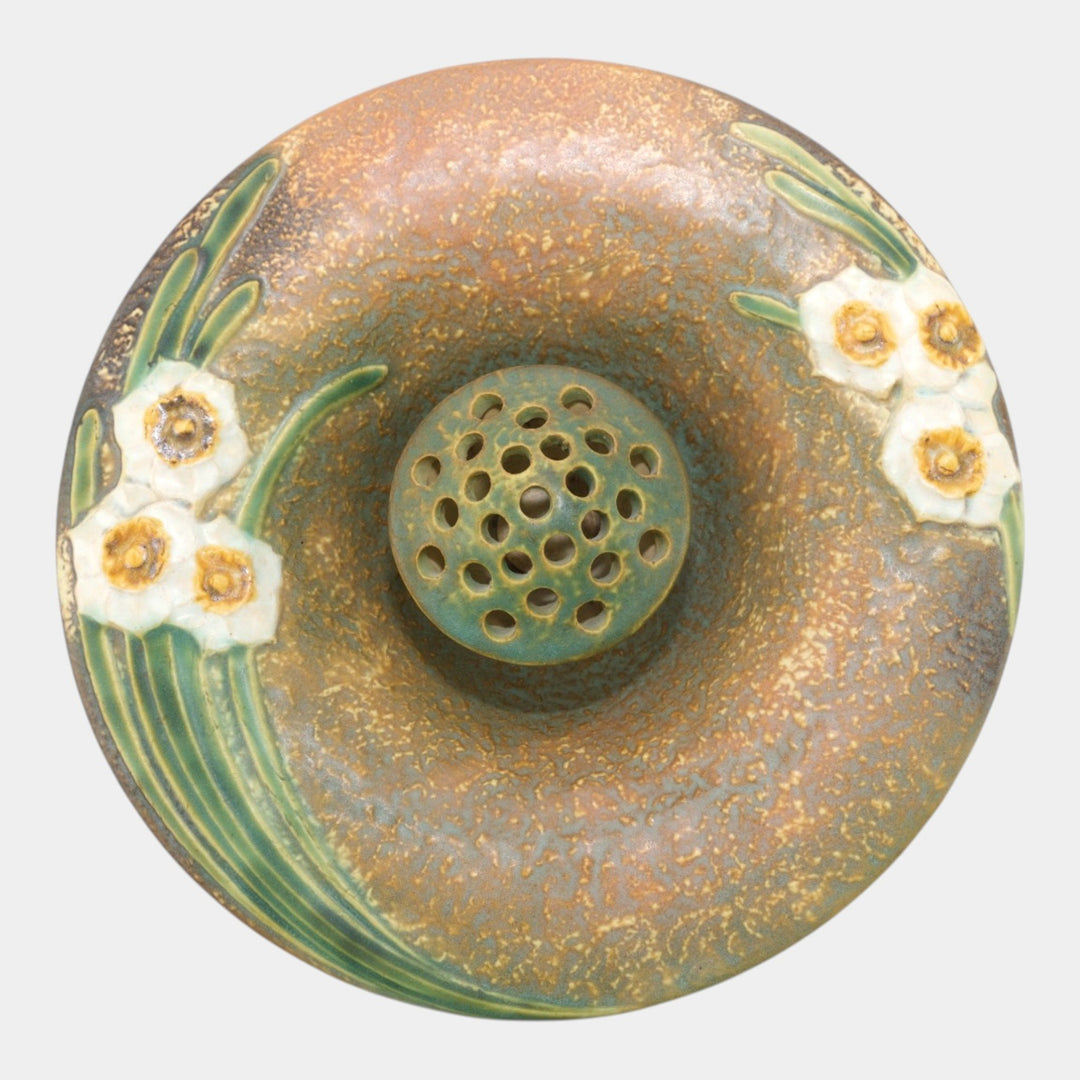 Roseville Jonquil 1931 Vintage Arts And Crafts Ceramic Flower Frog Bowl 98-10 - Just Art Pottery