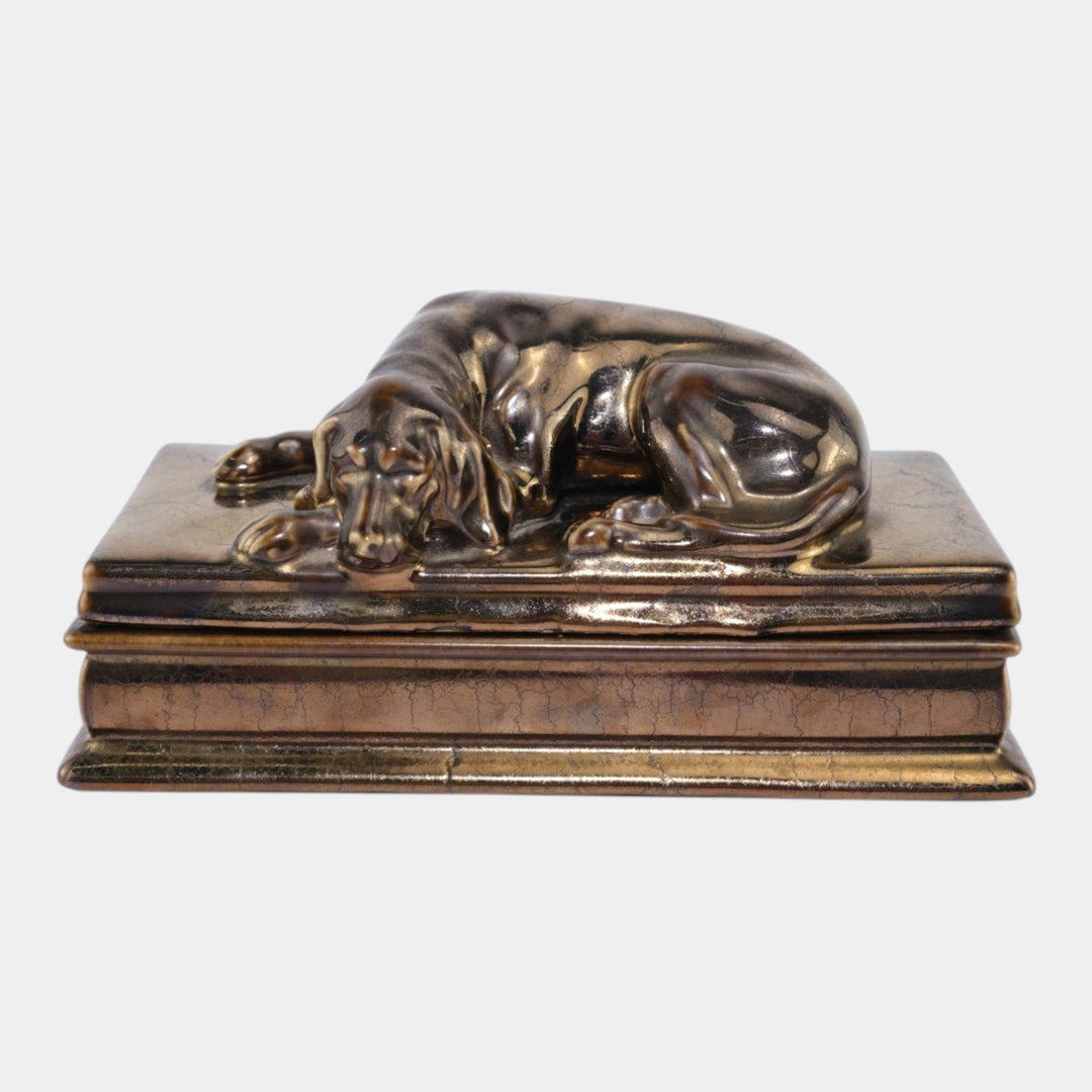 Mosaic Tile Company Zanesville Pottery Silver Bronze Luster Dog Covered Box - Just Art Pottery