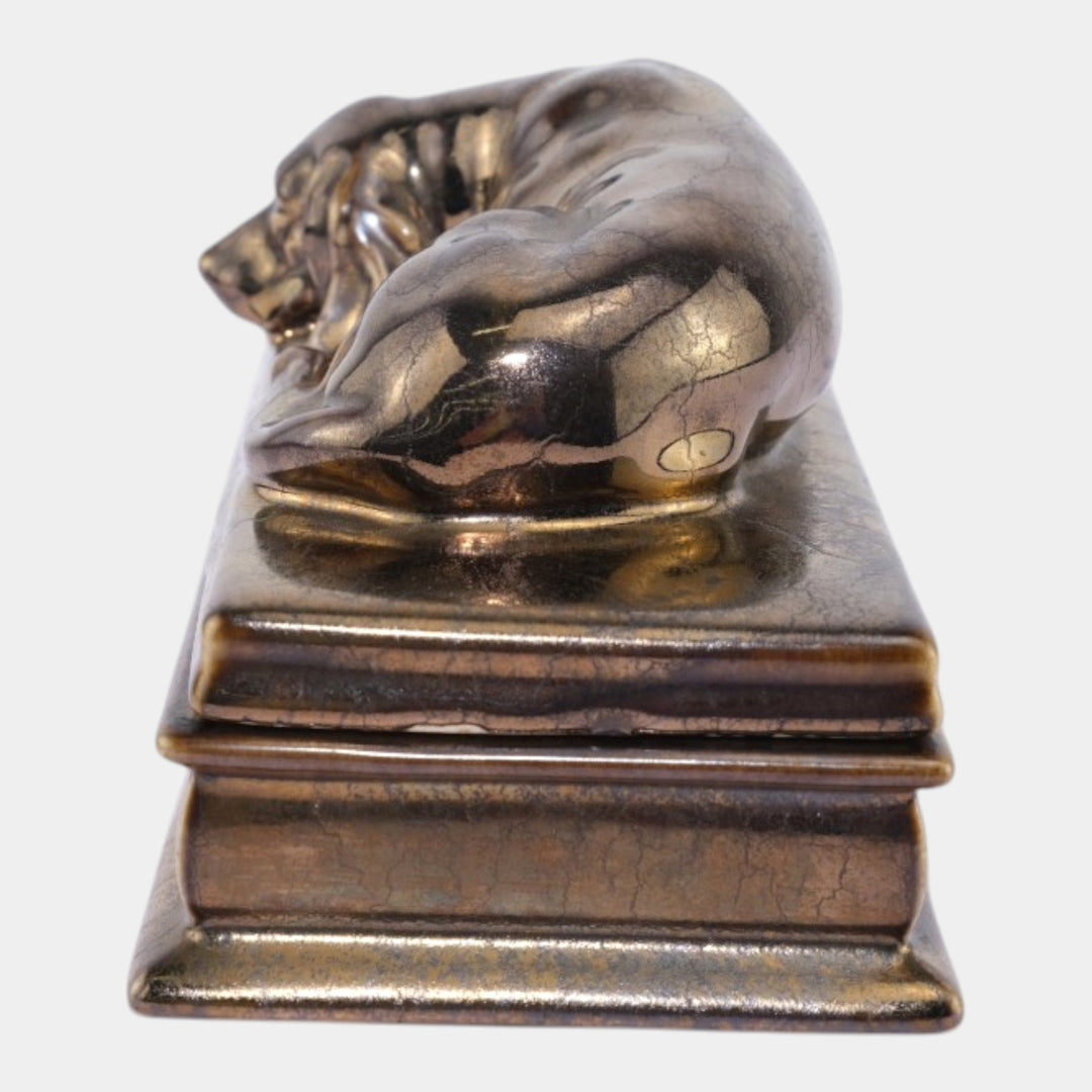 Mosaic Tile Company Zanesville Pottery Silver Bronze Luster Dog Covered Box - Just Art Pottery
