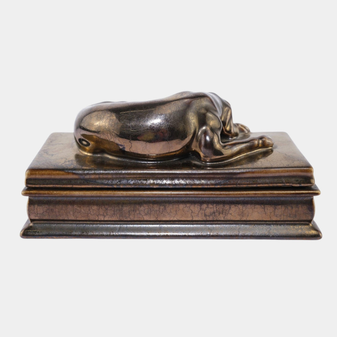 Mosaic Tile Company Zanesville Pottery Silver Bronze Luster Dog Covered Box - Just Art Pottery