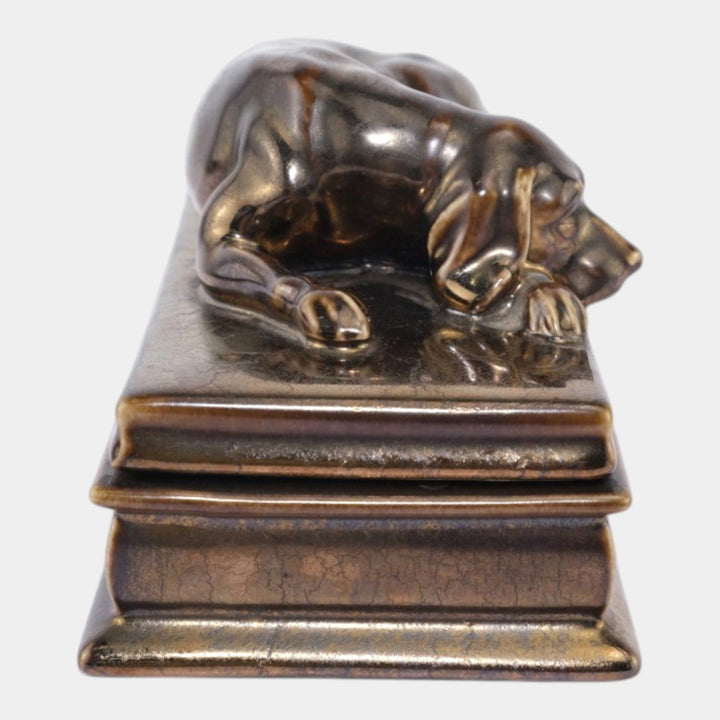 Mosaic Tile Company Zanesville Pottery Silver Bronze Luster Dog Covered Box - Just Art Pottery