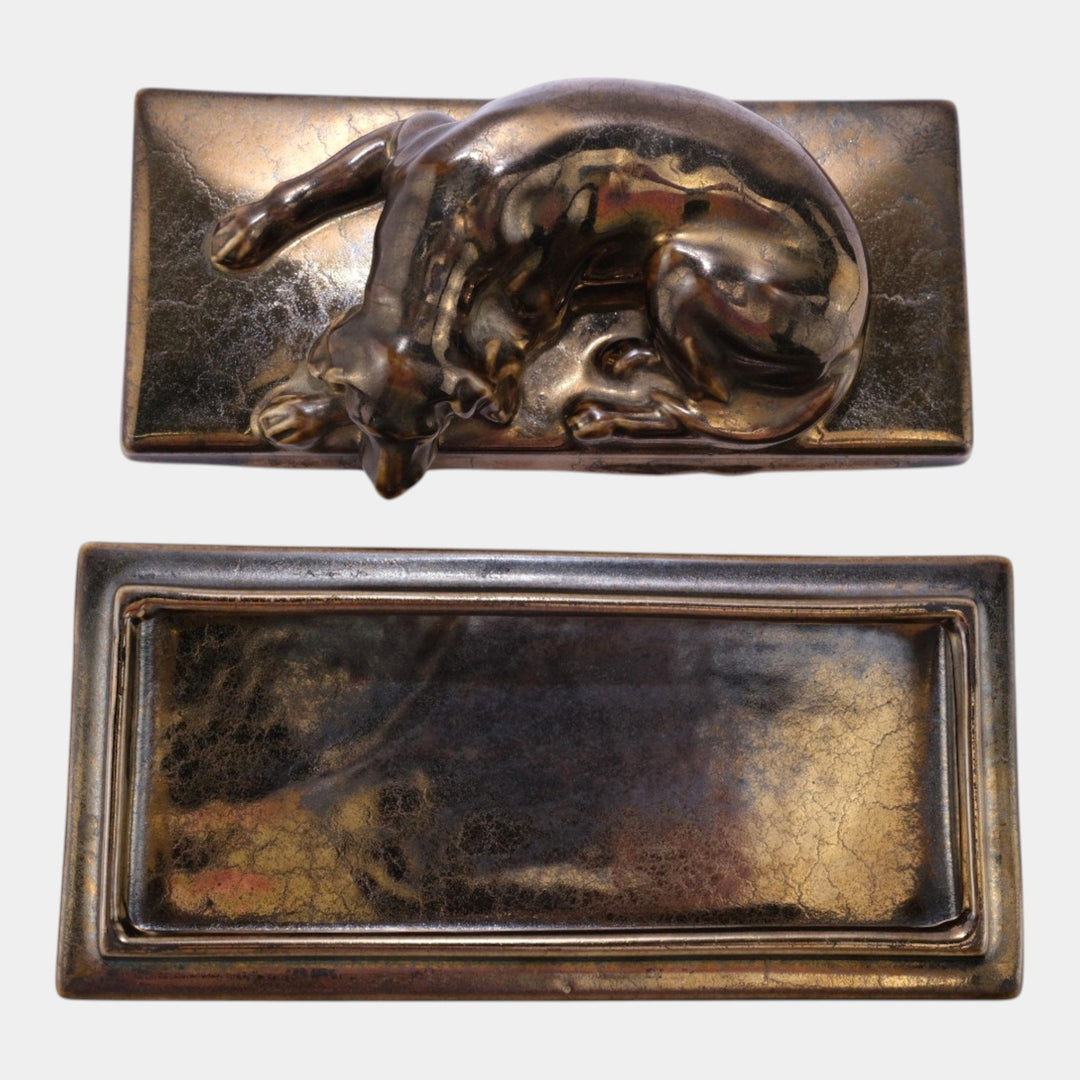 Mosaic Tile Company Zanesville Pottery Silver Bronze Luster Dog Covered Box - Just Art Pottery