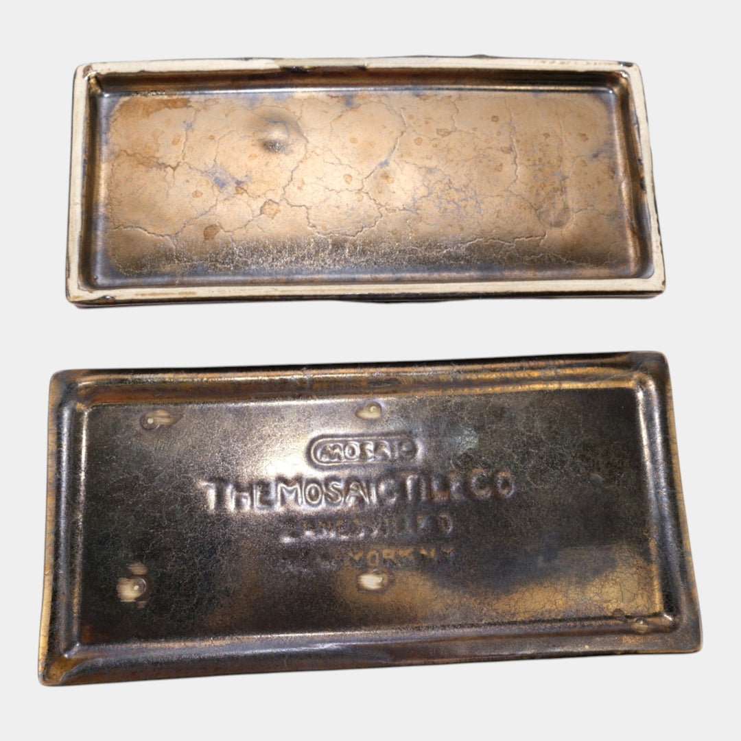 Mosaic Tile Company Zanesville Pottery Silver Bronze Luster Dog Covered Box - Just Art Pottery