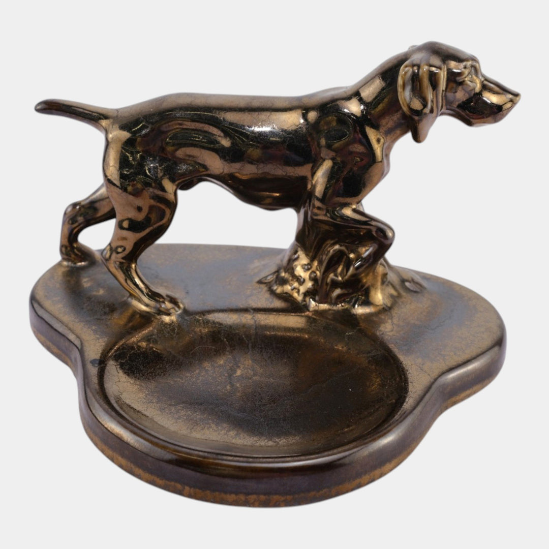 Mosaic Tile Company Zanesville Pottery Silver Luster Pointer Dog Coin Tray - Just Art Pottery