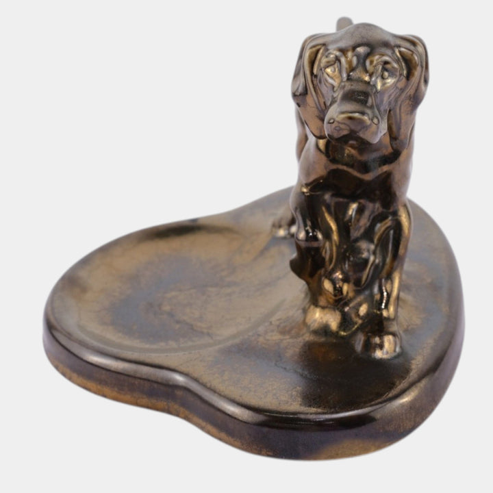 Mosaic Tile Company Zanesville Pottery Silver Luster Pointer Dog Coin Tray - Just Art Pottery