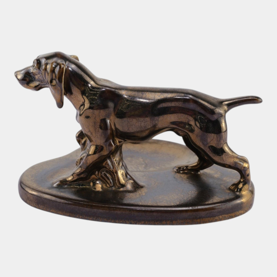 Mosaic Tile Company Zanesville Pottery Silver Luster Pointer Dog Coin Tray - Just Art Pottery