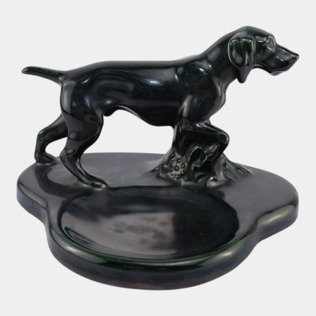 Mosaic Tile Company Zanesville Pottery Dark Green Pointer Dog Coin Tray - Just Art Pottery