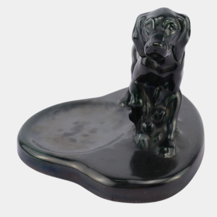 Mosaic Tile Company Zanesville Pottery Dark Green Pointer Dog Coin Tray - Just Art Pottery