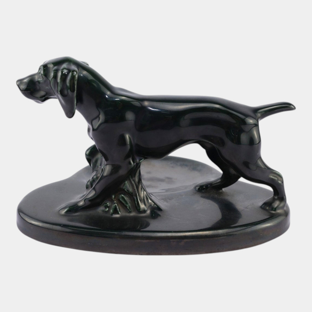 Mosaic Tile Company Zanesville Pottery Dark Green Pointer Dog Coin Tray - Just Art Pottery