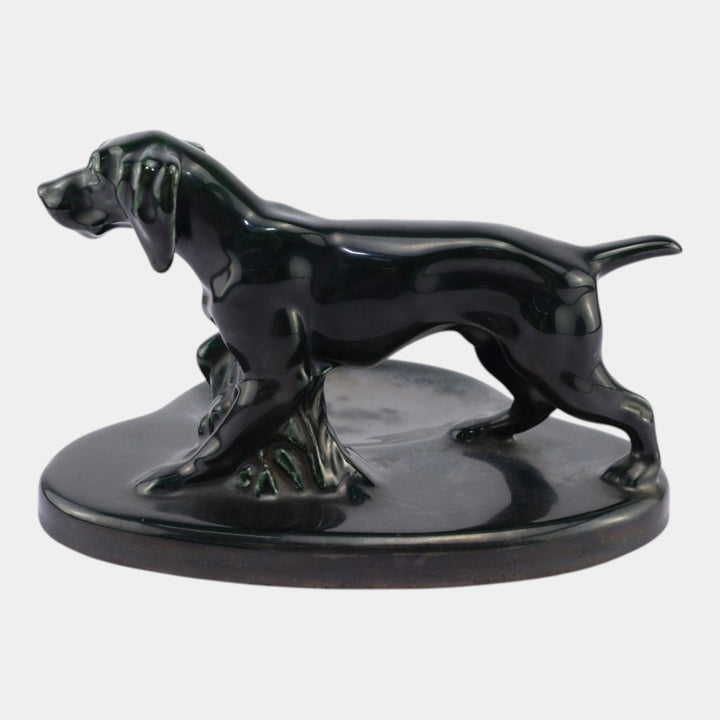 Mosaic Tile Company Zanesville Pottery Dark Green Pointer Dog Coin Tray - Just Art Pottery
