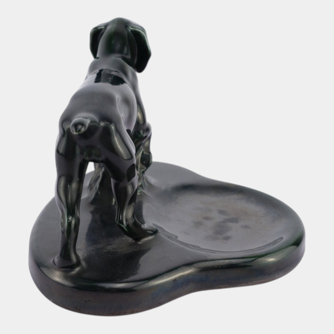 Mosaic Tile Company Zanesville Pottery Dark Green Pointer Dog Coin Tray - Just Art Pottery