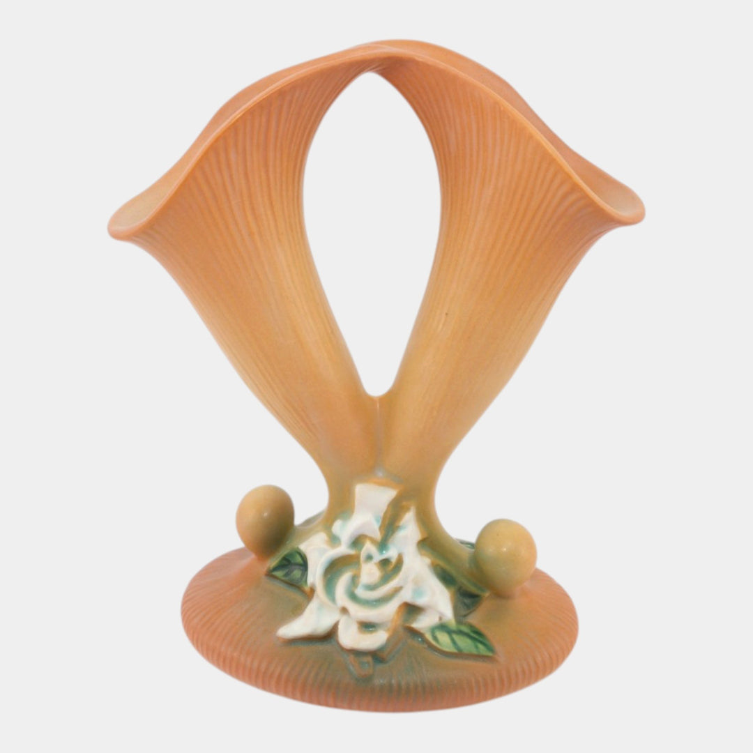 Roseville Gardenia Tan 1950 Mid Century Modern Pottery Cornucopia Vase 622-8 - Just Art Pottery
