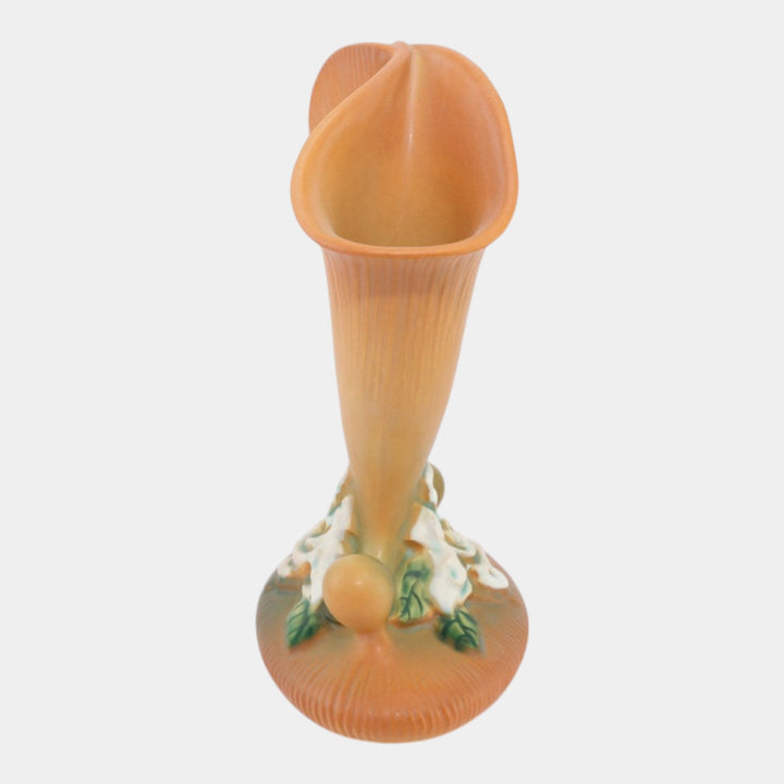 Roseville Gardenia Tan 1950 Mid Century Modern Pottery Cornucopia Vase 622-8 - Just Art Pottery