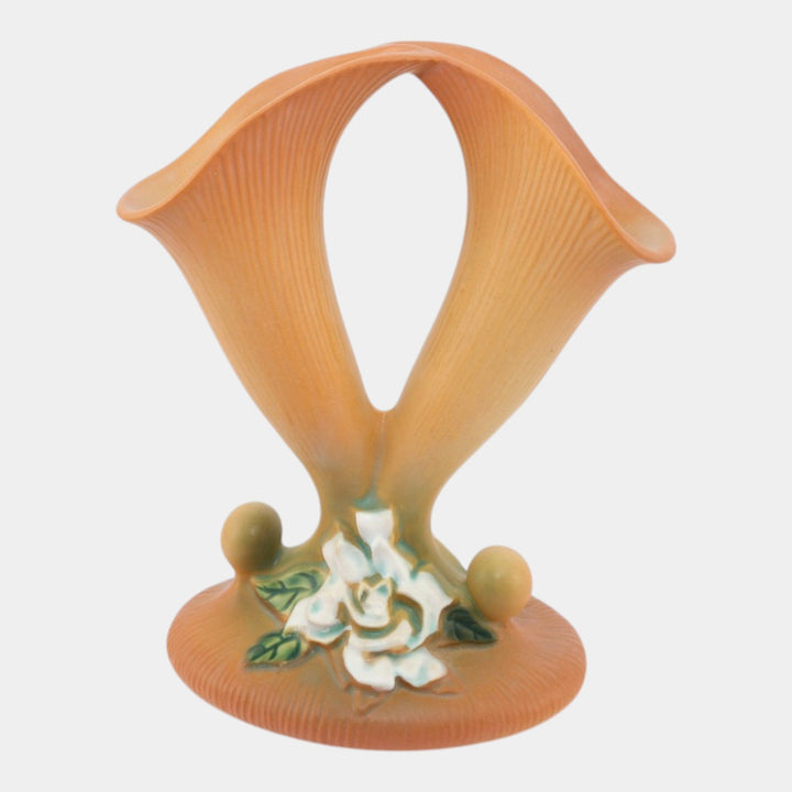 Roseville Gardenia Tan 1950 Mid Century Modern Pottery Cornucopia Vase 622-8 - Just Art Pottery