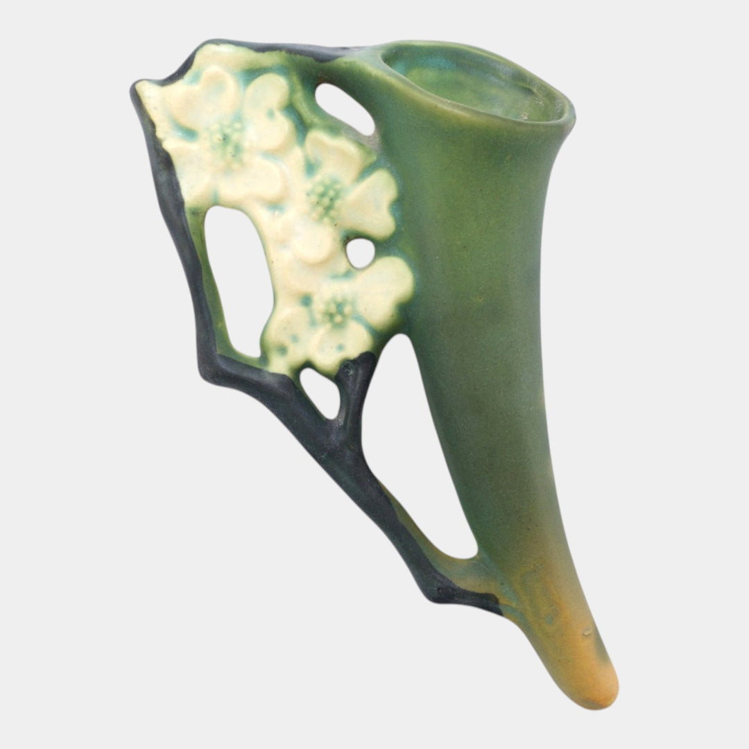 Roseville Dogwood Smooth 1920 Vintage Art Pottery Green Ceramic Wall Pocket - Just Art Pottery