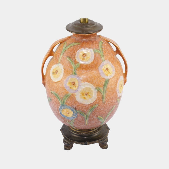 Roseville Brown Floral Motif 1930s Vintage Art Deco Pottery Ceramic Factory Lamp - Just Art Pottery