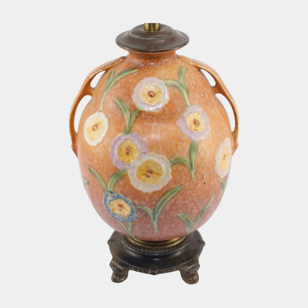 Roseville Brown Floral Motif 1930s Vintage Art Deco Pottery Ceramic Factory Lamp - Just Art Pottery