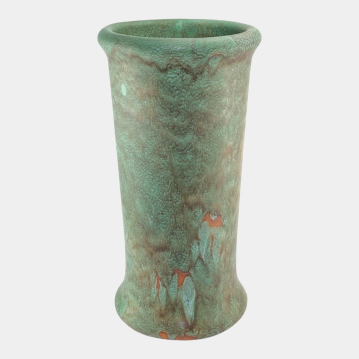 Roseville Early Carnelian Mottled Green Vintage Art Pottery Umbrella Stand - Just Art Pottery