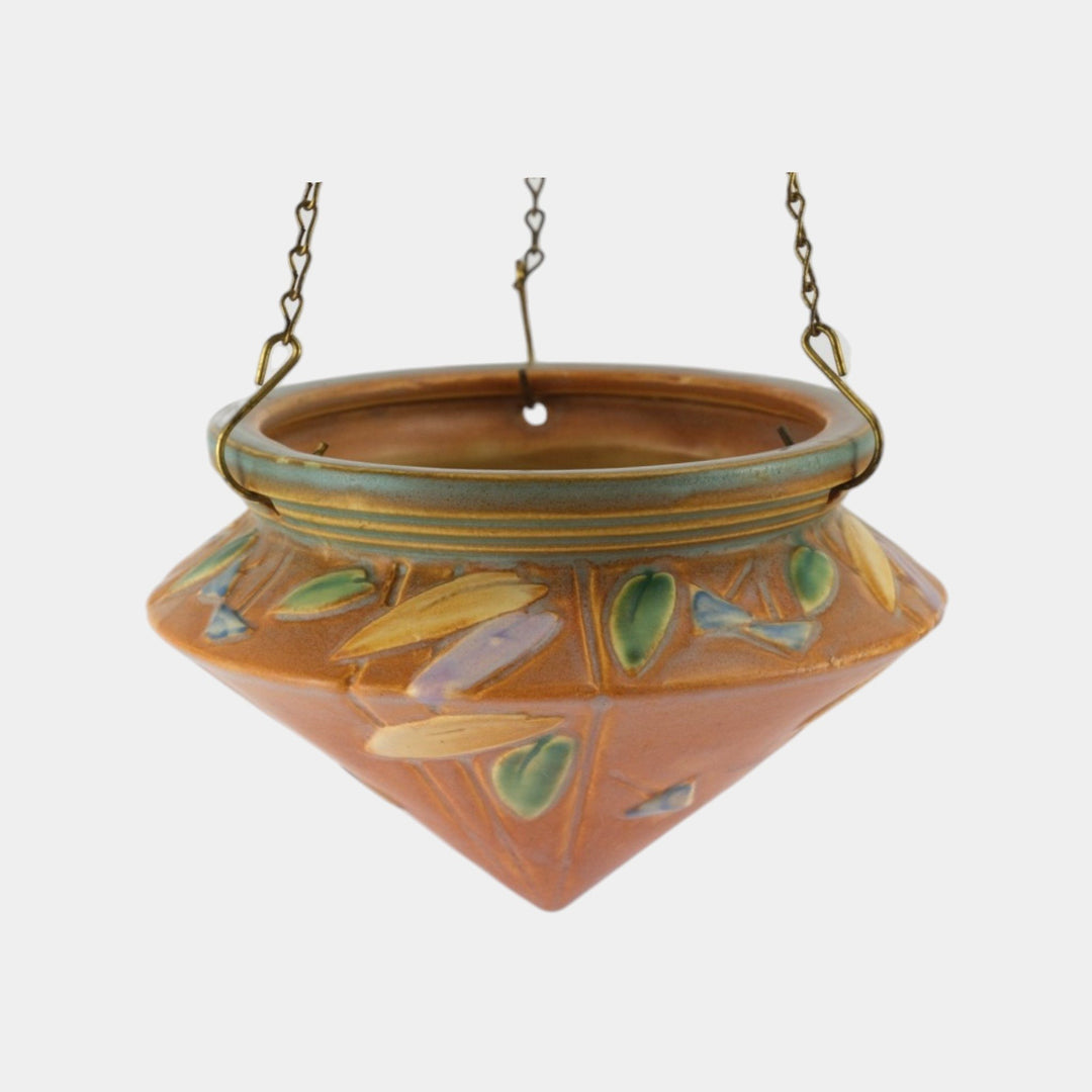 Roseville Futura Tan 1928 Vintage Art Deco Pottery Hanging Basket Planter 344-5 - Just Art Pottery