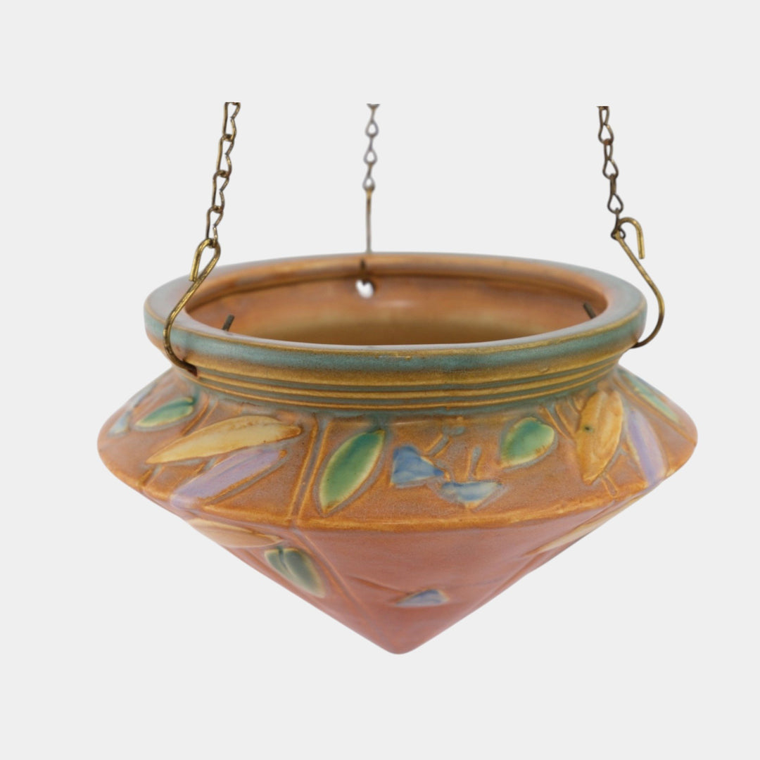 Roseville Futura Tan 1928 Vintage Art Deco Pottery Hanging Basket Planter 344-5 - Just Art Pottery