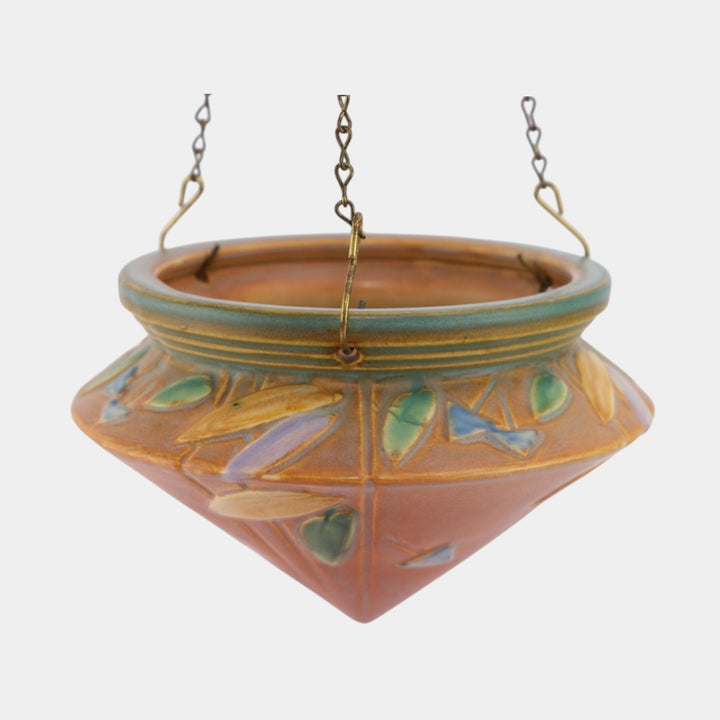 Roseville Futura Tan 1928 Vintage Art Deco Pottery Hanging Basket Planter 344-5 - Just Art Pottery