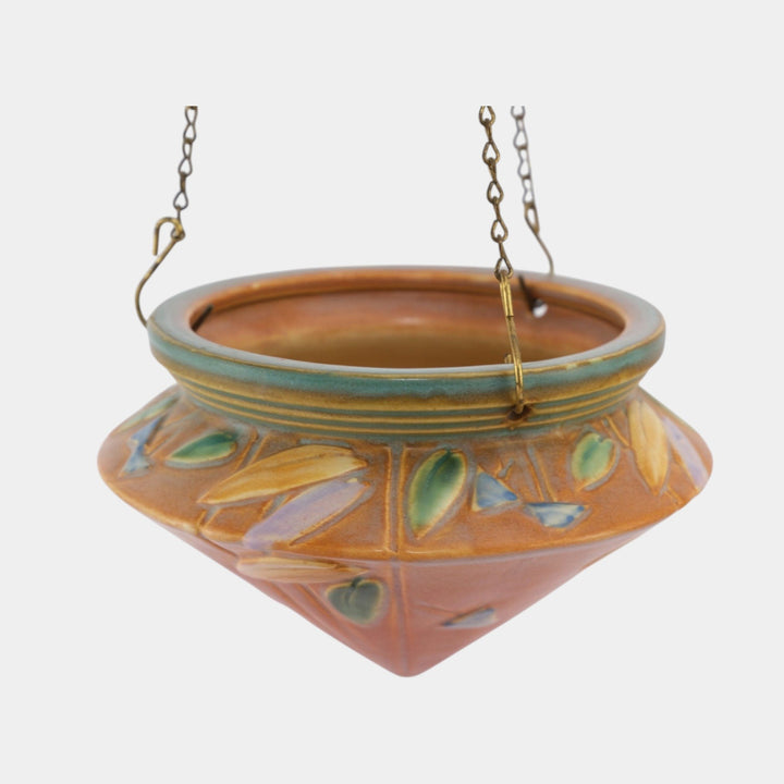 Roseville Futura Tan 1928 Vintage Art Deco Pottery Hanging Basket Planter 344-5 - Just Art Pottery