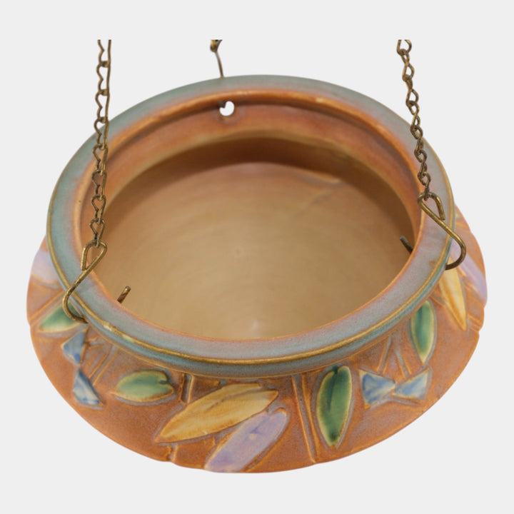 Roseville Futura Tan 1928 Vintage Art Deco Pottery Hanging Basket Planter 344-5 - Just Art Pottery