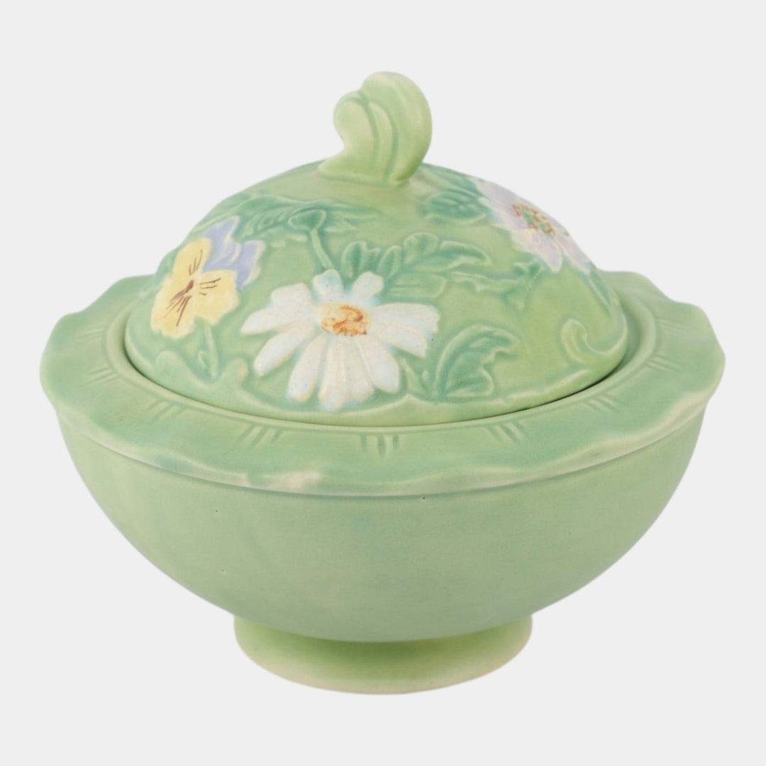 Weller Bouquet 1930s Vintage Art Pottery Blue Ceramic Covered Bowl B-9 - Just Art Pottery