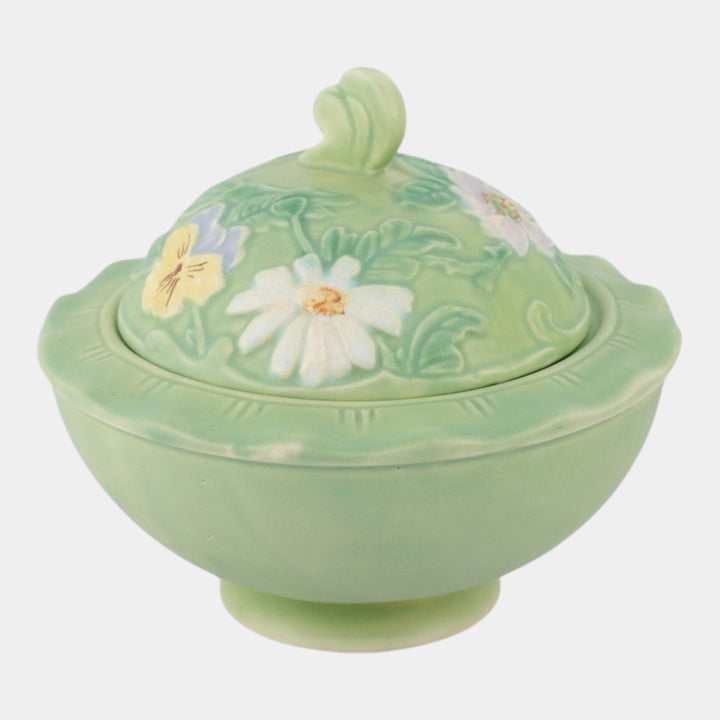 Weller Bouquet 1930s Vintage Art Pottery Blue Ceramic Covered Bowl B-9 - Just Art Pottery