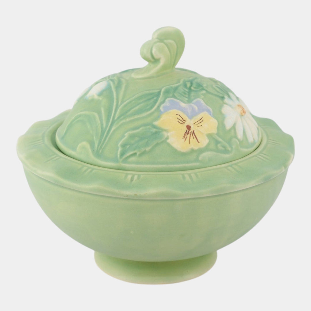 Weller Bouquet 1930s Vintage Art Pottery Blue Ceramic Covered Bowl B-9 - Just Art Pottery
