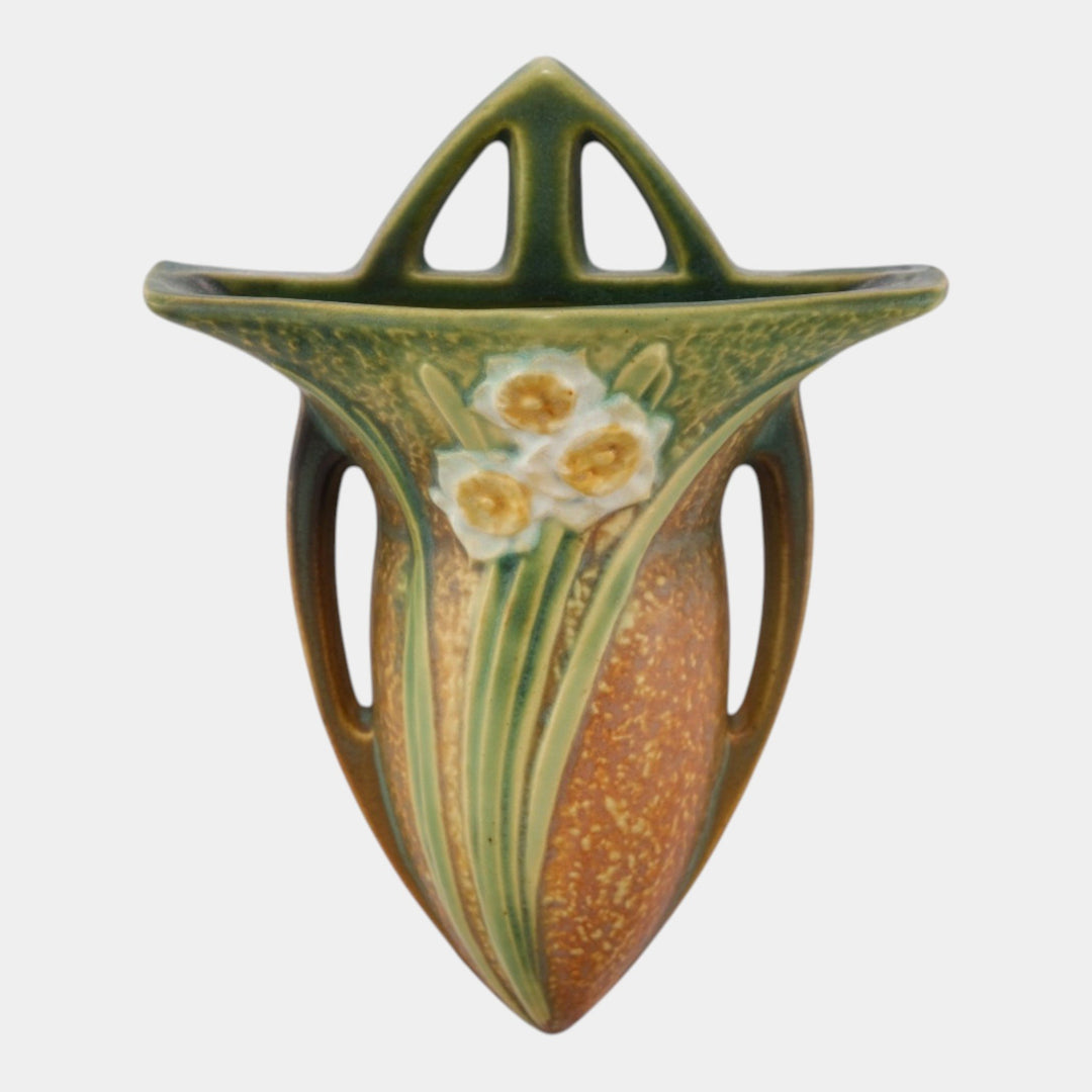 Roseville Jonquil 1931 Vintage Arts And Crafts Pottery Brown Ceramic Wall Pocket - Just Art Pottery