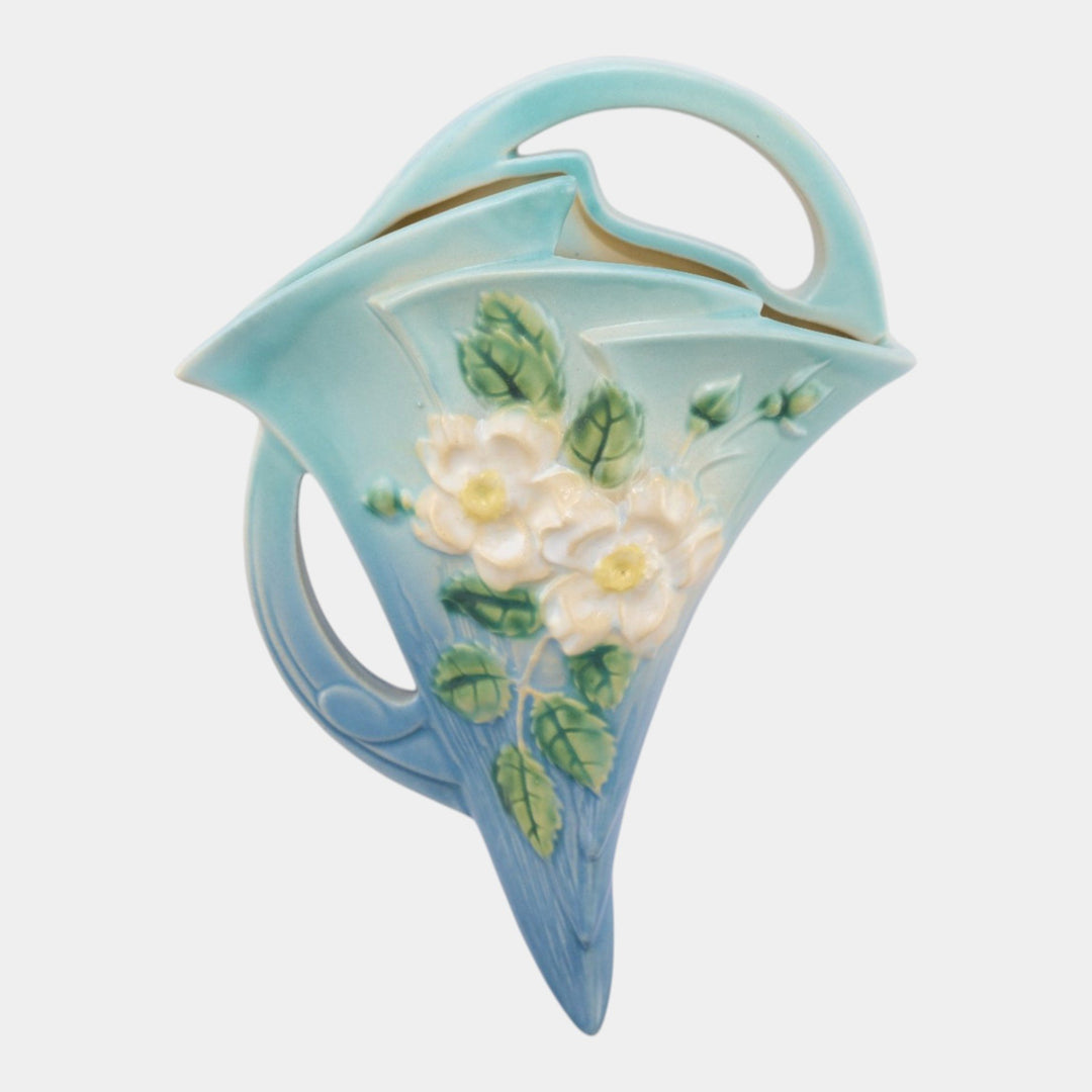 Roseville White Rose Blue 1940 Vintage Art Pottery Ceramic Wall Pocket 1289-8 - Just Art Pottery