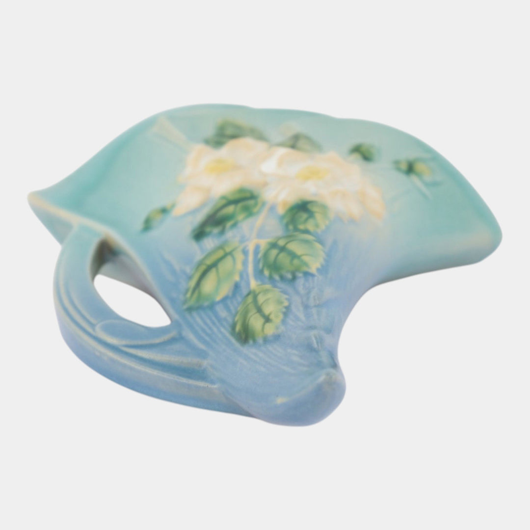 Roseville White Rose Blue 1940 Vintage Art Pottery Ceramic Wall Pocket 1289-8 - Just Art Pottery