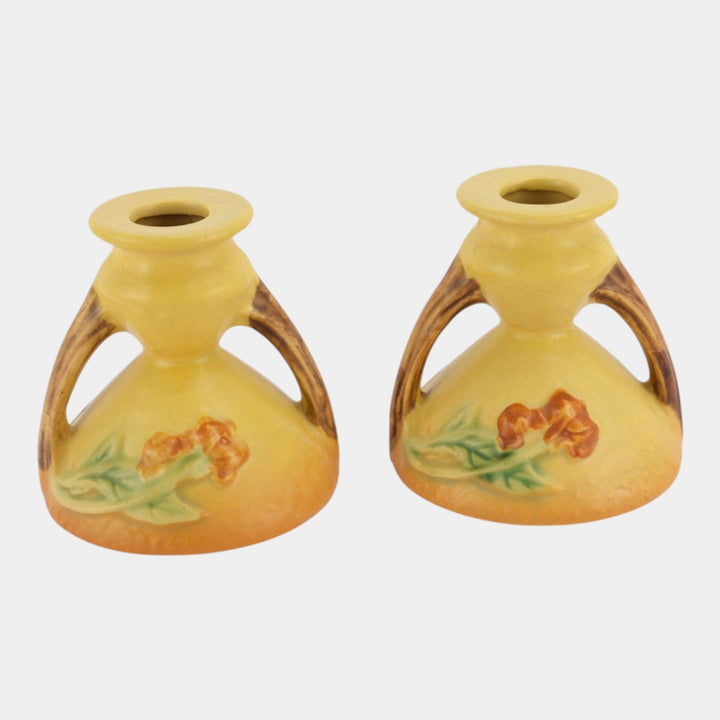 Roseville Bittersweet Yellow 1951 Vintage Art Pottery Ceramic Candle Holders 851-3 - Just Art Pottery
