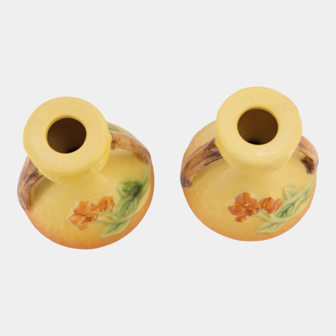 Roseville Bittersweet Yellow 1951 Vintage Art Pottery Ceramic Candle Holders 851-3 - Just Art Pottery