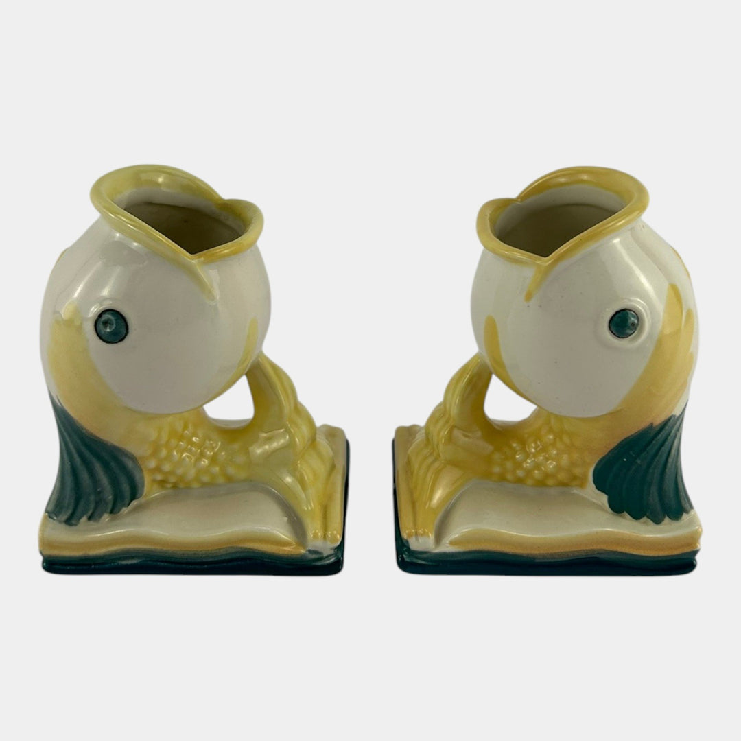Abingdon Pottery Mid Century Modern Yellow Green Figural Fish Bookend Planters - Just Art Pottery