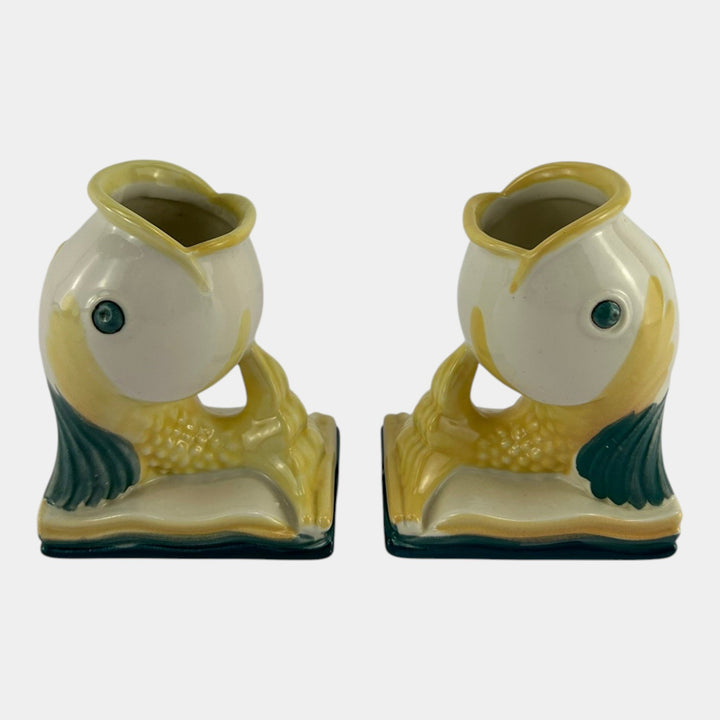 Abingdon Pottery Mid Century Modern Yellow Green Figural Fish Bookend Planters - Just Art Pottery