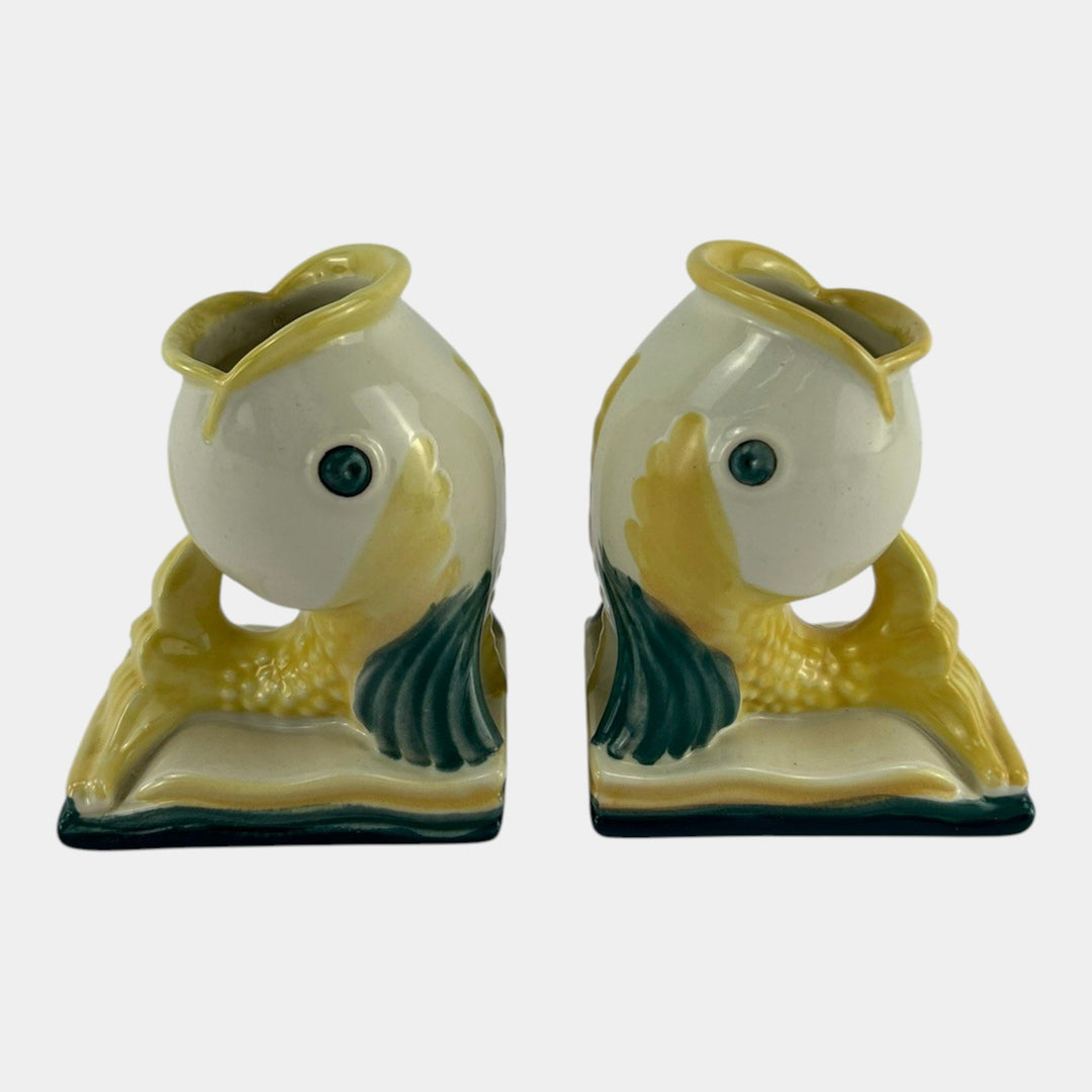 Abingdon Pottery Mid Century Modern Yellow Green Figural Fish Bookend Planters - Just Art Pottery