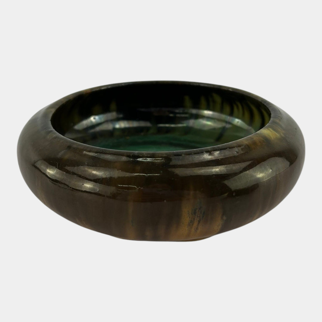 Fulper 1909-17 Arts And Crafts Pottery Brown Green Flambe Low Cabinet Bowl 17 - Just Art Pottery