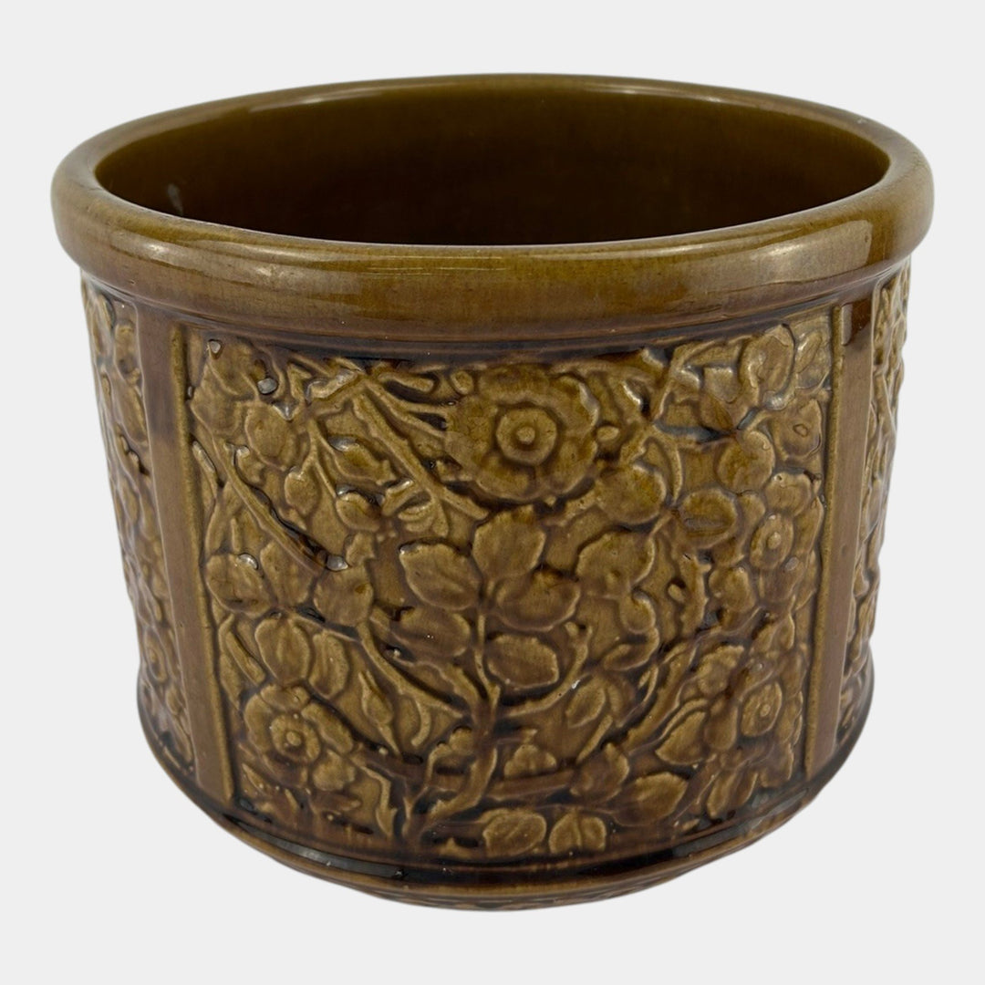 majolica planter pot Weller Art Pottery Brown Majolica Floral Decorated Panel Jardiniere Pl – Just Art Pottery